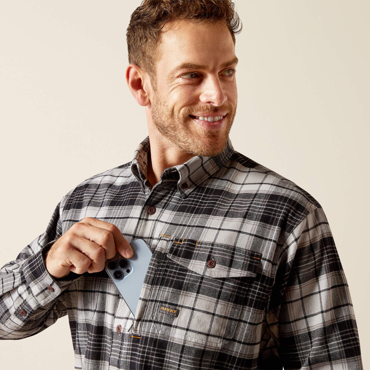 Ariat Men's Rebar Flannel DuraStretch Long Sleeve Work Shirt - Charcoal Grey