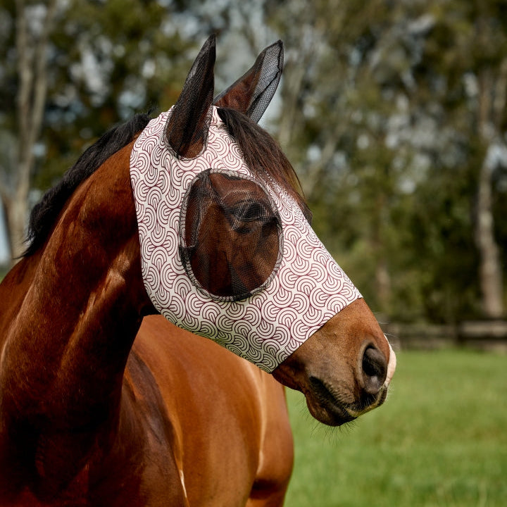 Weatherbeeta Comfitec Deluxe Stretch Fly Mask With Ears #colour_white-burgundy-print