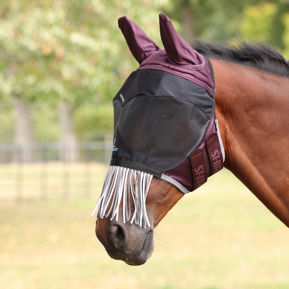 Shires FlyGuard Pro Deluxe Fly Mask With Ears & Nose Fringe #colour_black-cherry