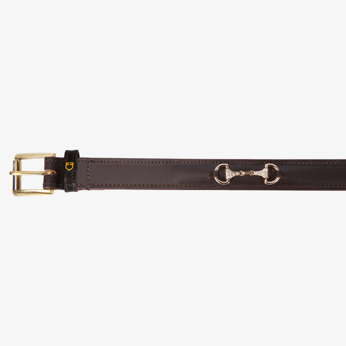 Equestro Leather Belt With Snaffle Bits And Rhinestones #colour_brown-gold