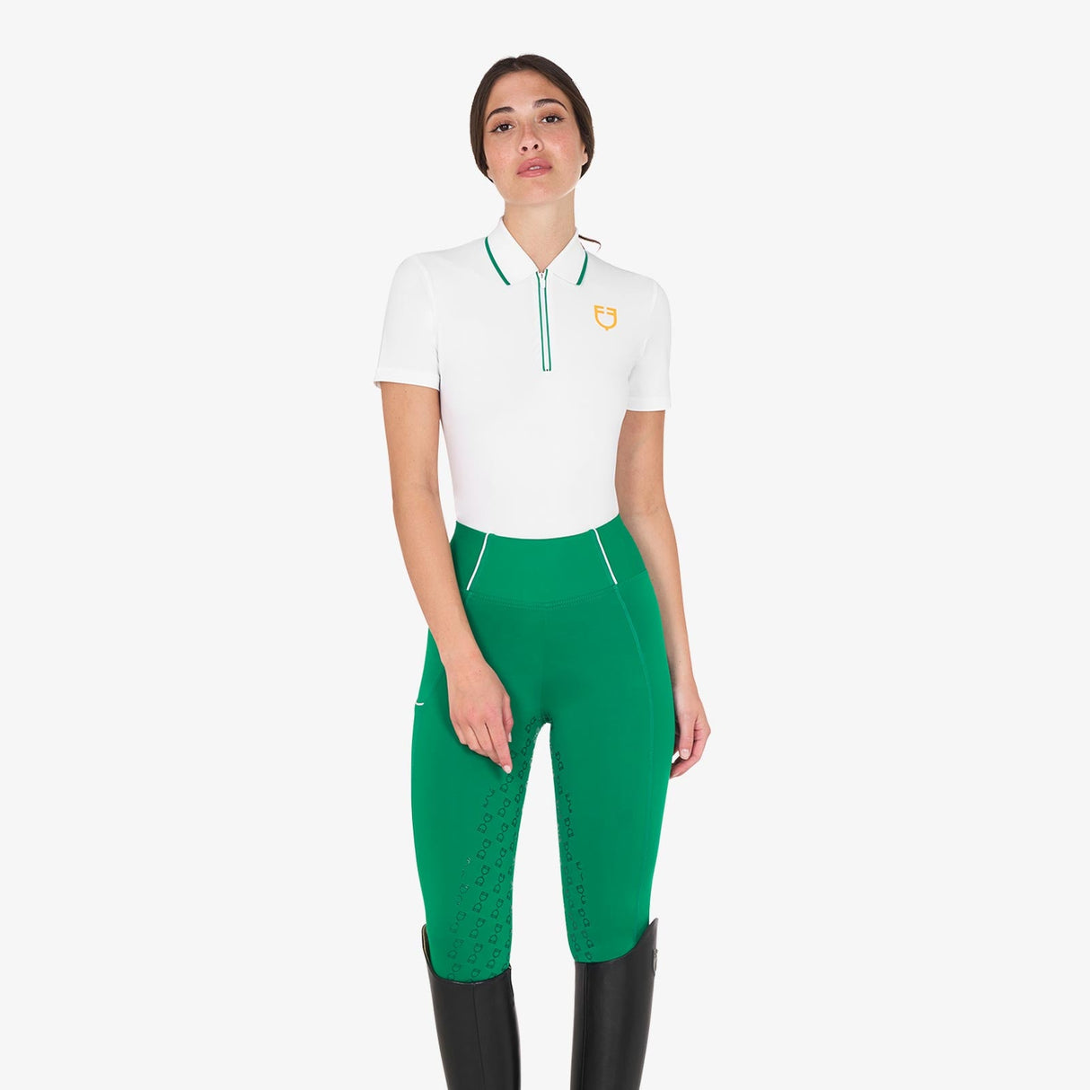 Equestro Women's Slim Fit Training Polo Shirt With Zip And Chest Logo #colour_green-white