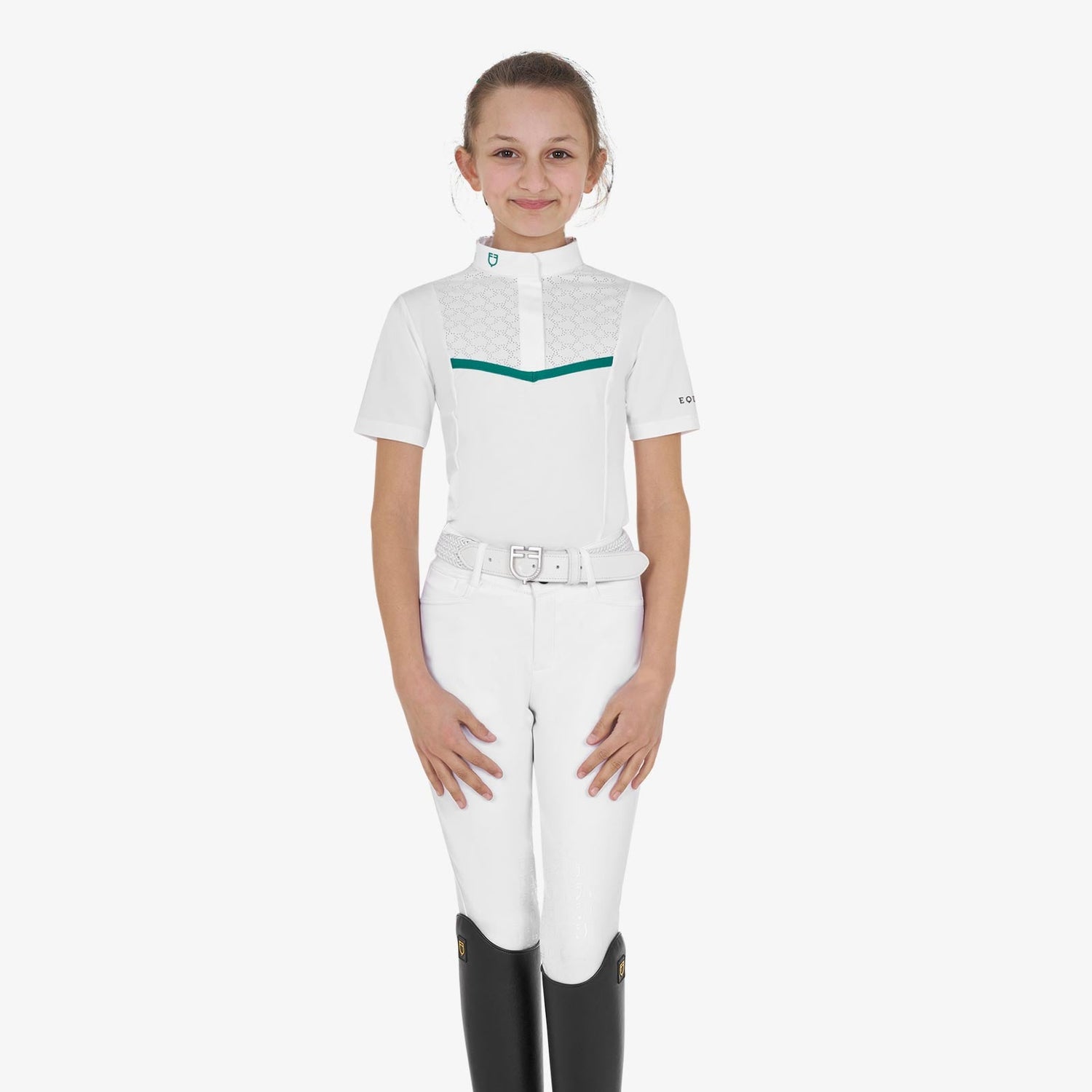 Equestro Girls' Slim Fit Competition Jacket With Chest Perforated Inserts #colour_green-white