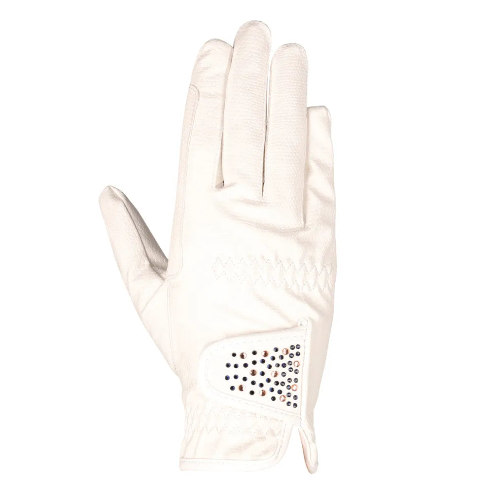 Hy Equestrian Children's Shimmer Riding Gloves #colour_white-with-navy-rose-gold-diamantes