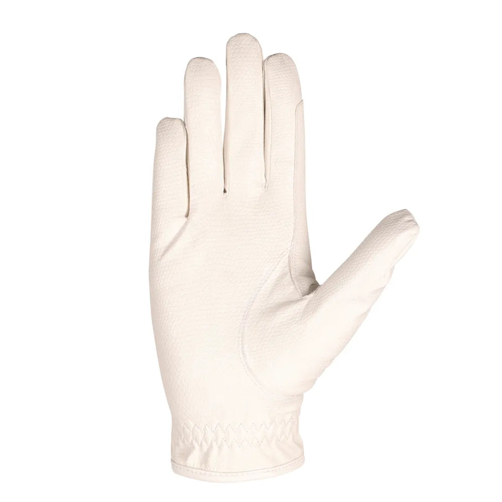 Hy Equestrian Children's Shimmer Riding Gloves #colour_white-with-navy-rose-gold-diamantes