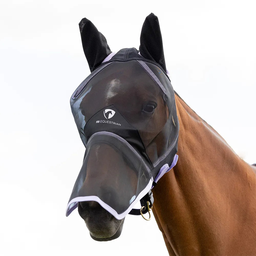 Hy Equestrian Mesh Full Mask with Ears and Nose Coverage #colour_black-lilac