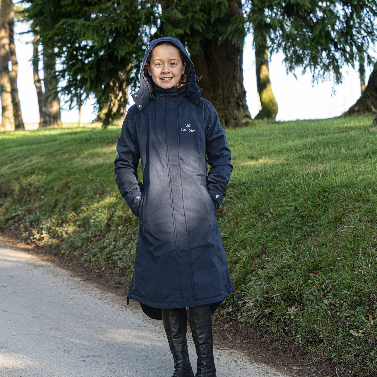 EQUIDRY Girl's Bronte Riding Coat with Removable Hood #colour_navy