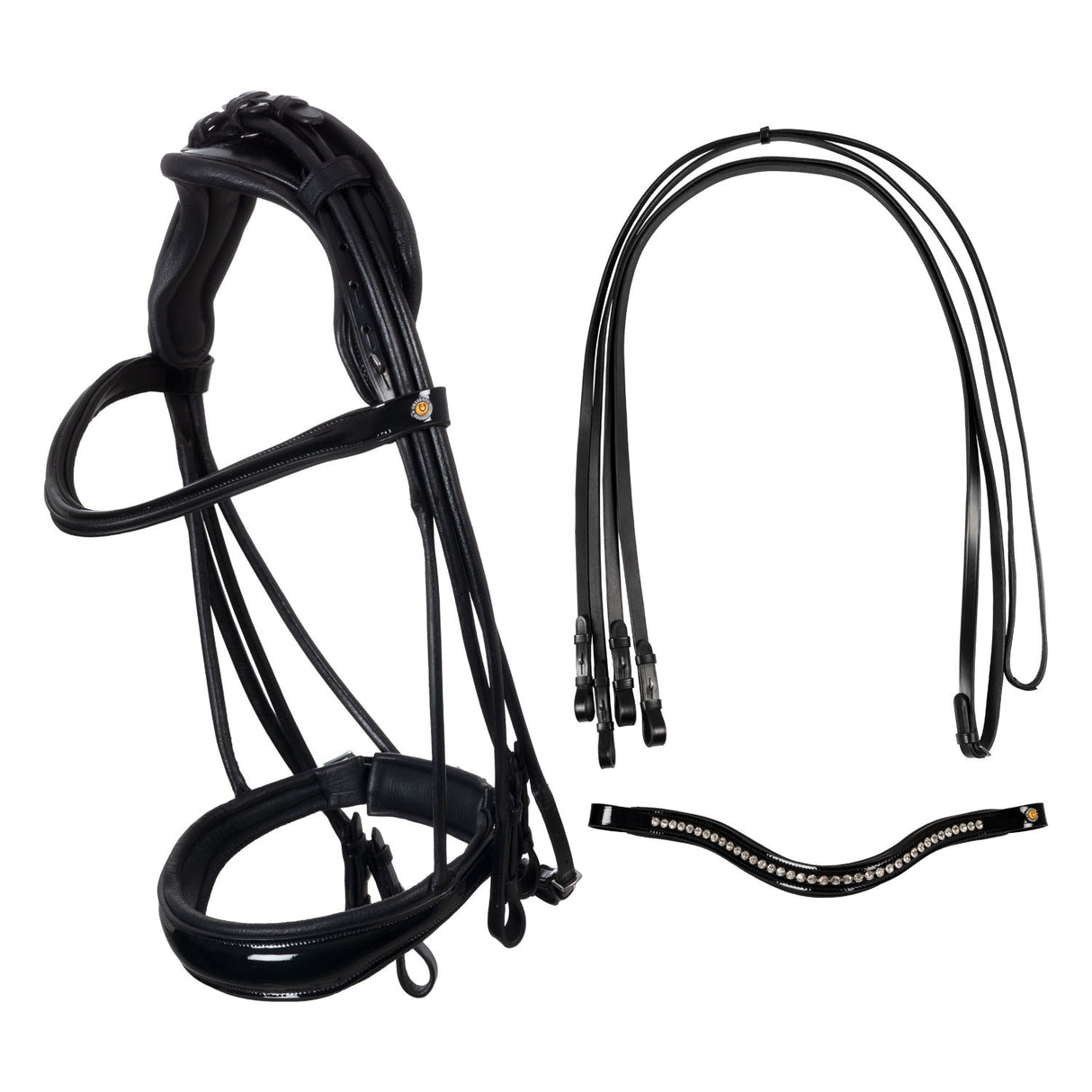 Leather dressage bridle with anatomical headpiece