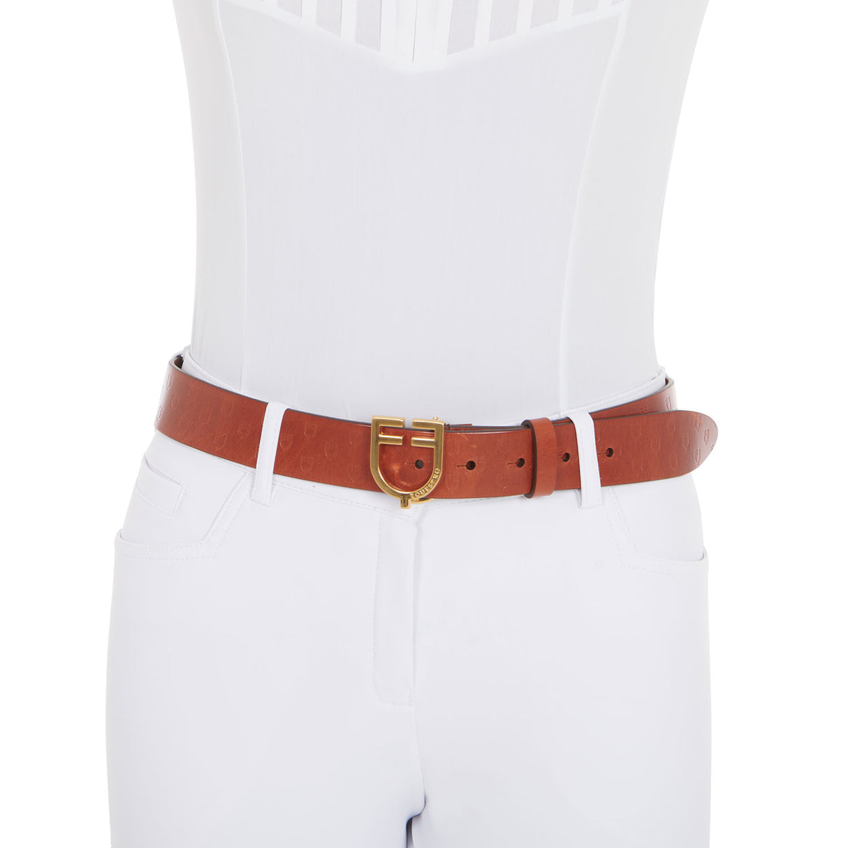 Equestro Leather Logo Belt With Logoed Buckle #colour_cognac-gold