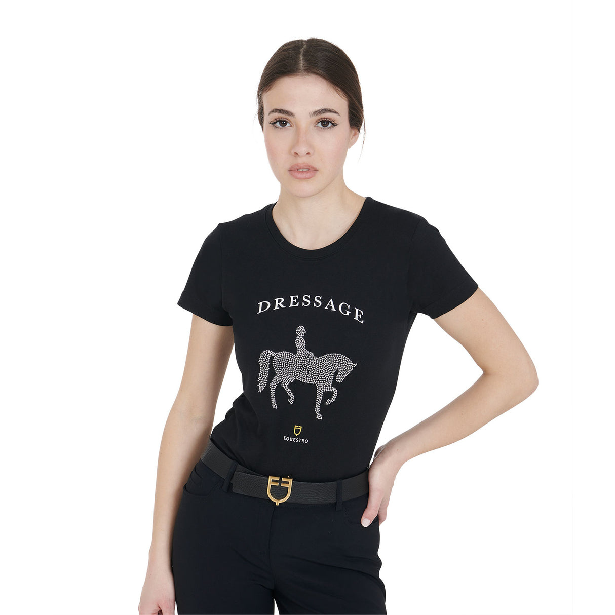 Equestro Women's Slim Fit T-Shirt Dressage With Rhinestone #colour_black