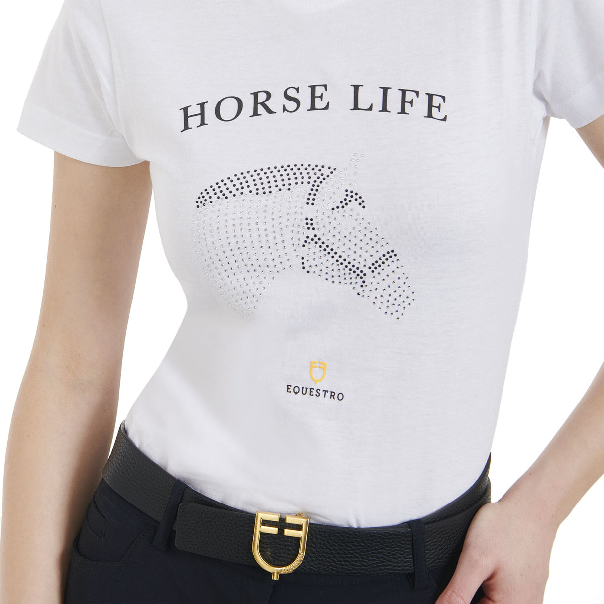 Equestro Women's Slim Fit T-Shirt Horse Life With Rhinestone #colour_white