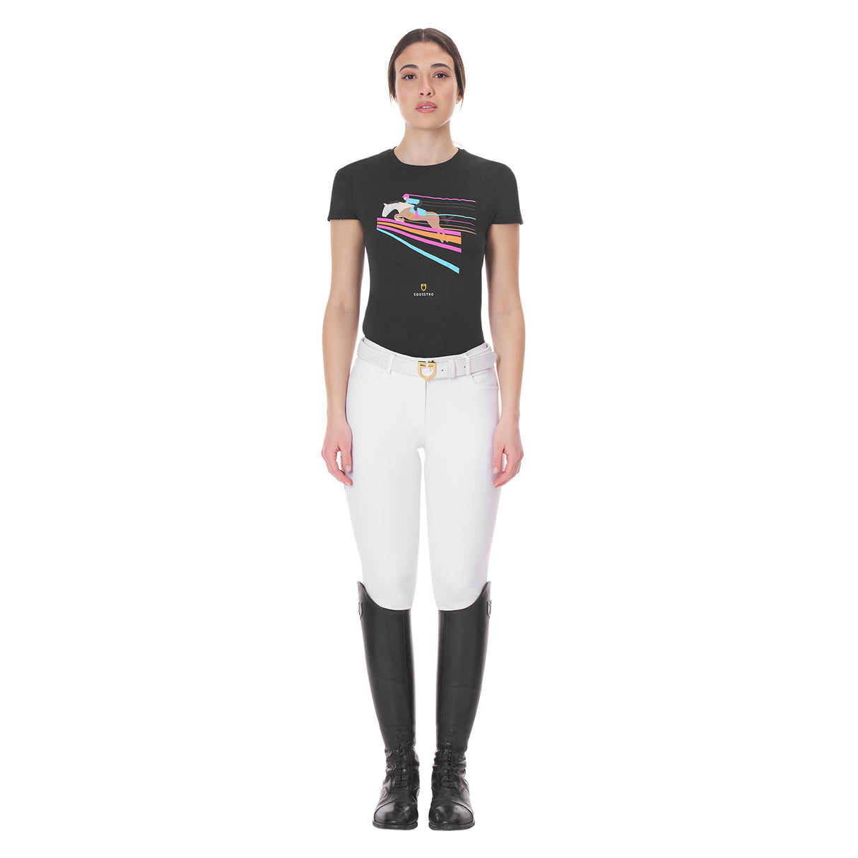 Equestro Women's Slim Fit T-Shirt With Colorful Jumping Design #colour_black