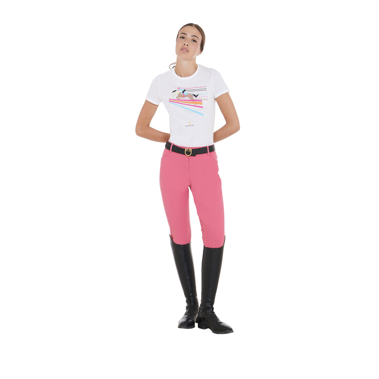 Equestro Women's Slim Fit T-Shirt With Colorful Jumping Design #colour_white
