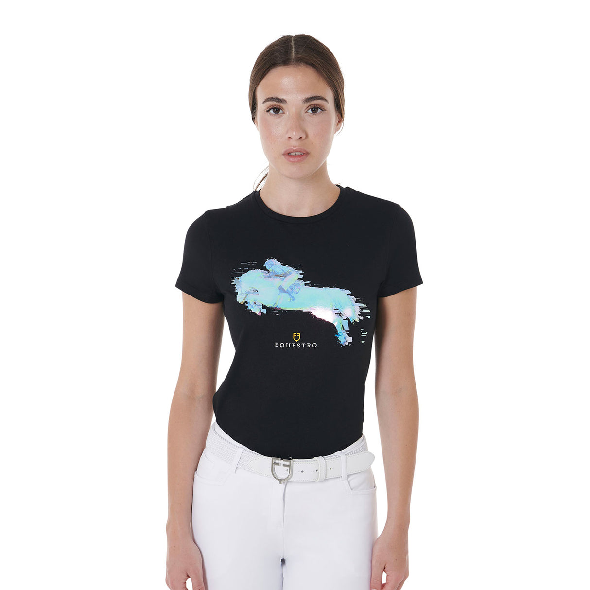 Equestro Women's Slim Fit Jump Print Cotton T-Shirt #colour_black