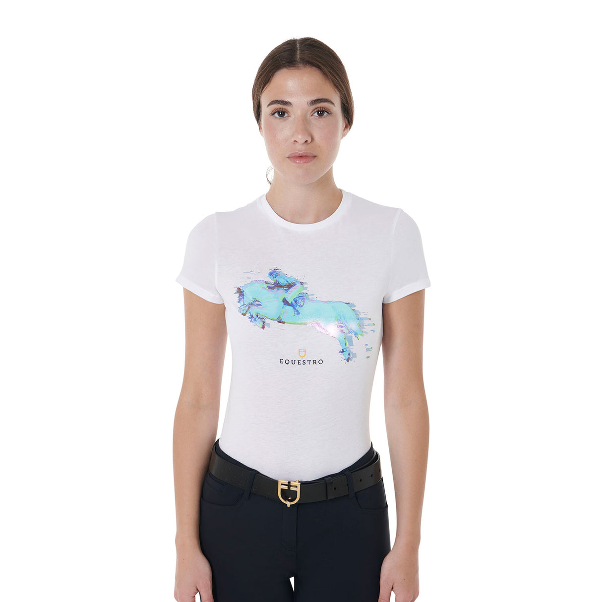 Equestro Women's Slim Fit Jump Print Cotton T-Shirt #colour_white