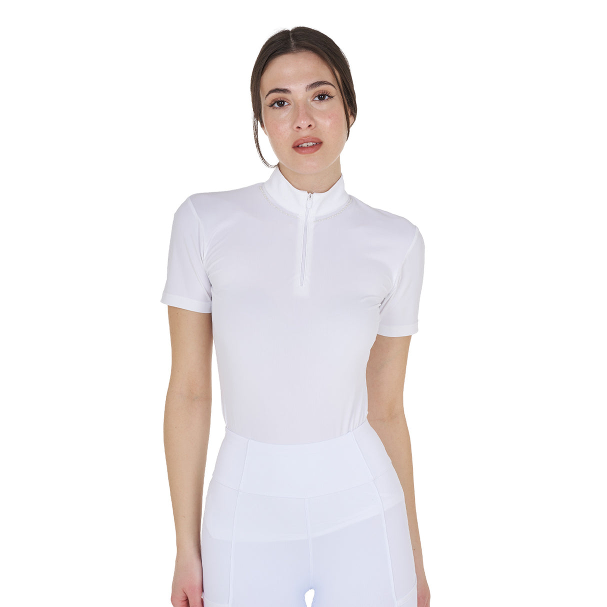 Equestro Women's Slim Fit Training Polo Shirt With Zip And Collar Beads #colour_white