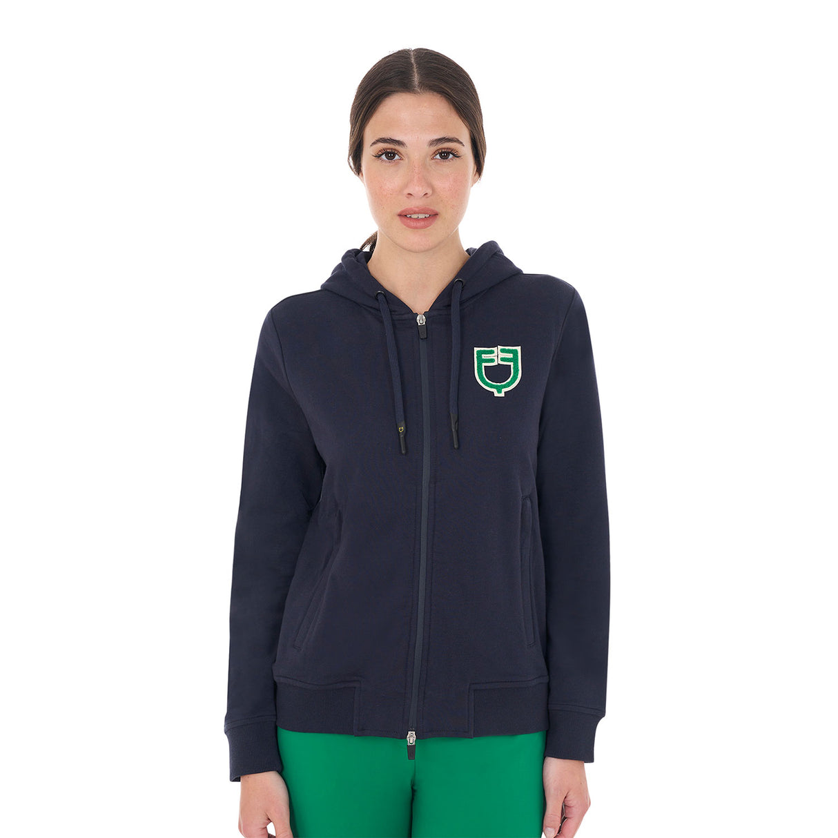 Equestro Women's Hoodie With Zip And Sponge Logo #colour_blue-green