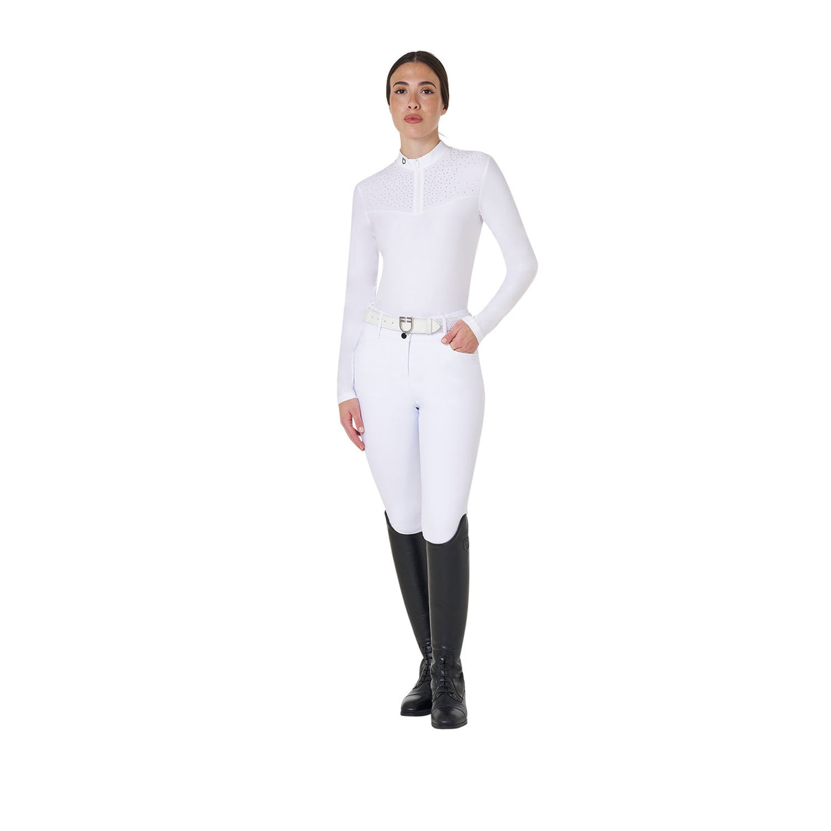 Women's long-sleeved competition polo shirt with rhinestones