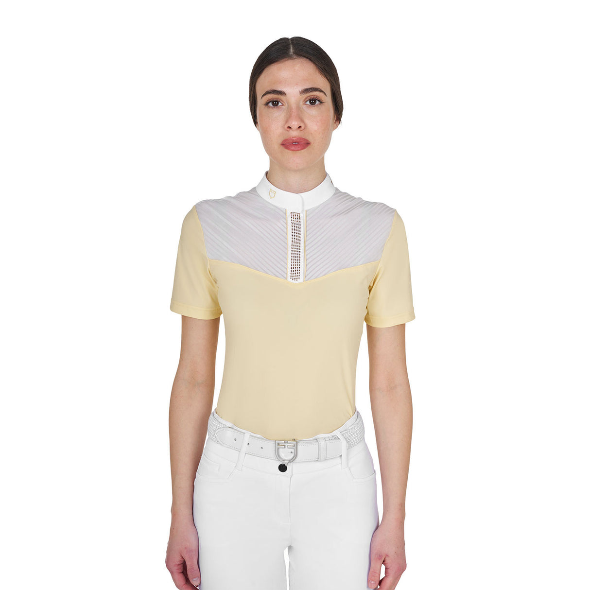 Women's slim fit competition polo shirt with silk-like fabric inserts