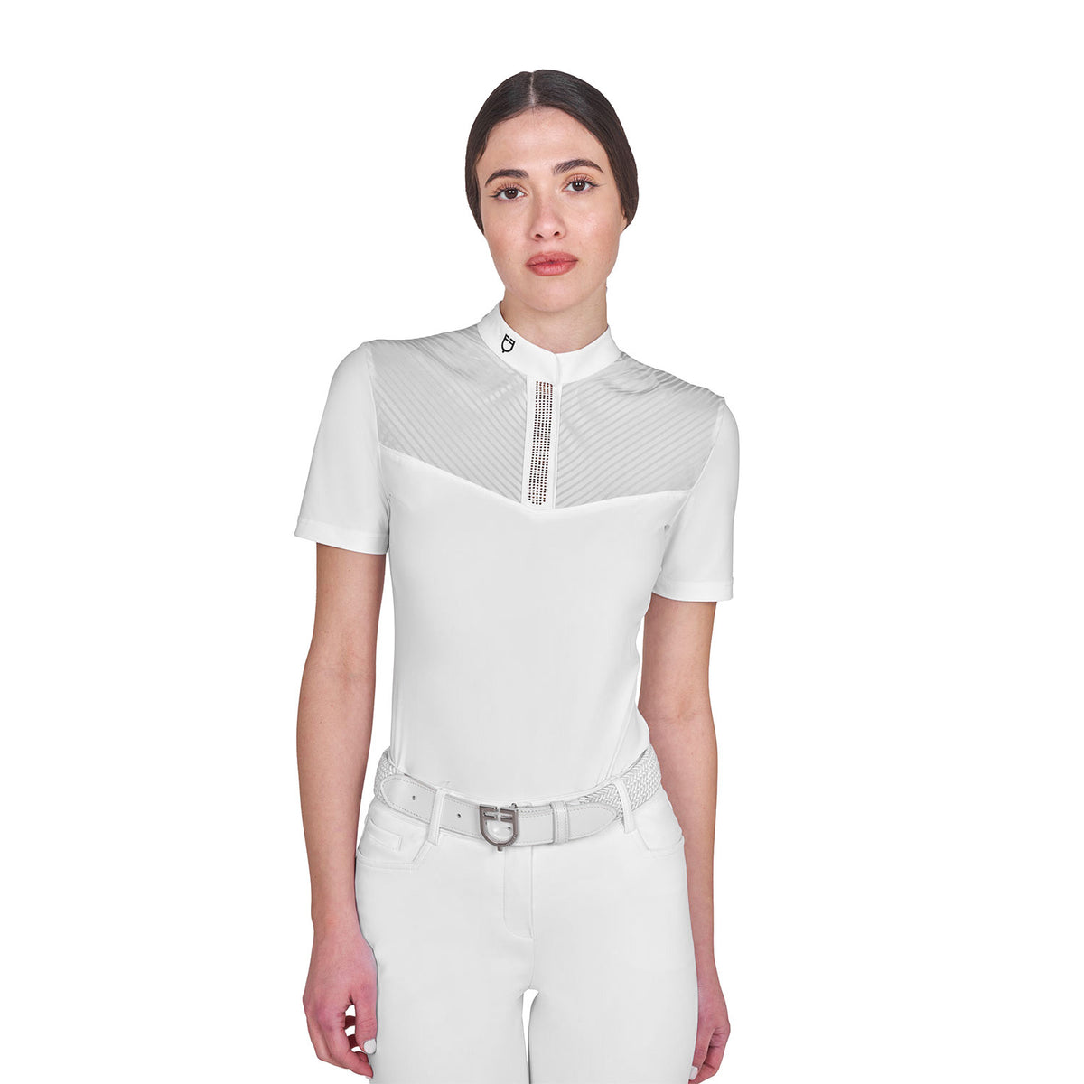 Women's slim fit competition polo shirt with silk-like fabric inserts