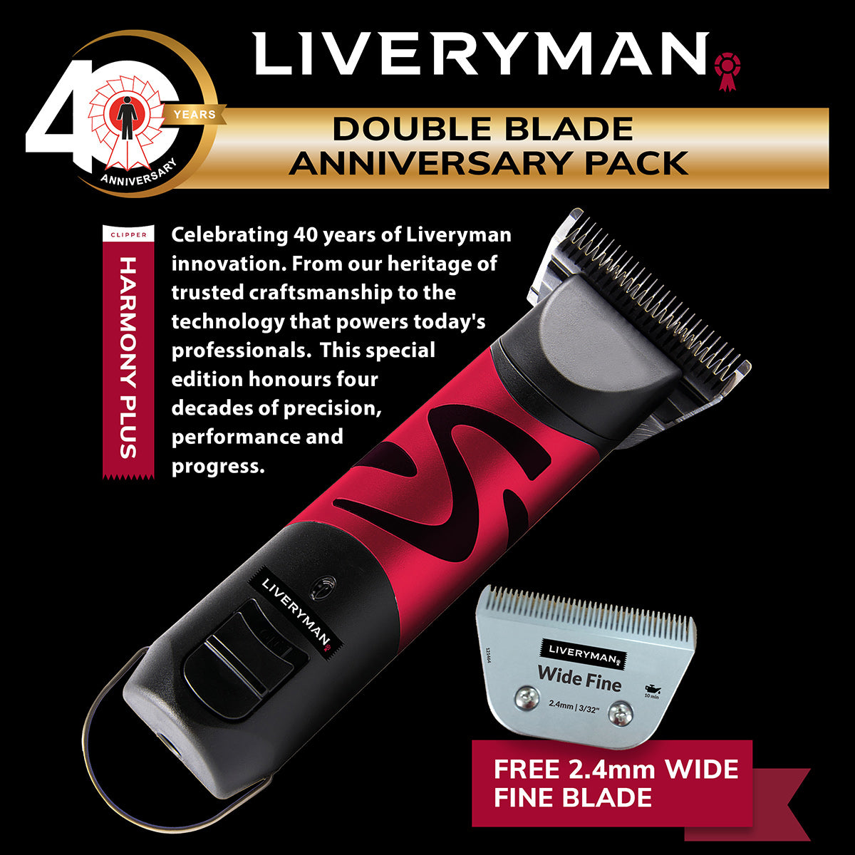 Liveryman Harmony Plus Cordless Horse Clipper – 2.4mm Wide Fine Blade Anniversary Pack
