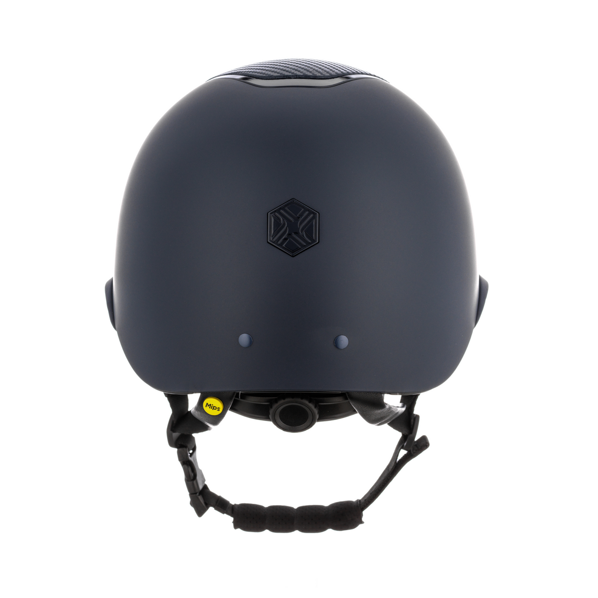 Charles Owen Hyda Carbon riding hat in Navy Matte/Navy Gloss, rear view showing the dial-fit adjuster