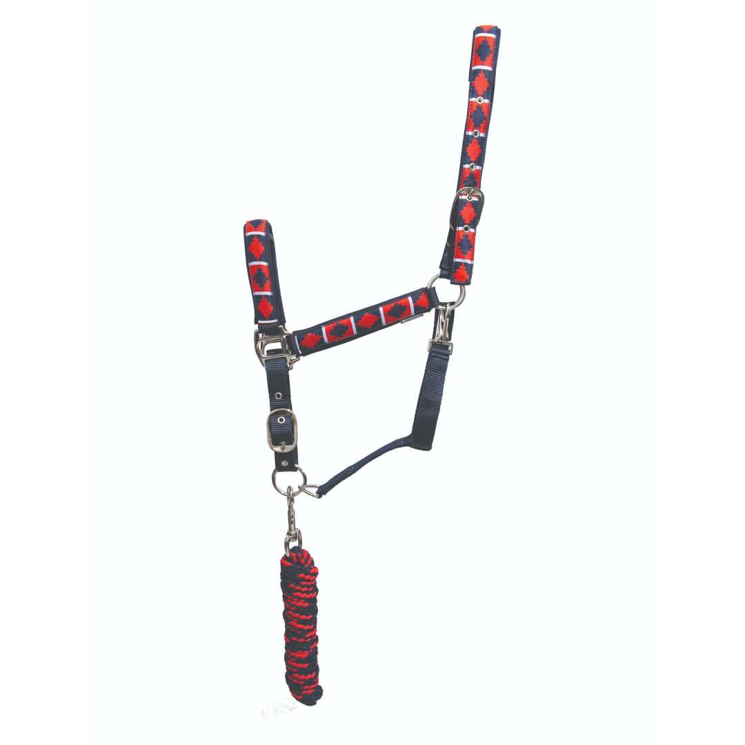 Hy Equestrian Woven Polo Head Collar and Lead Rope #colour_navy-red