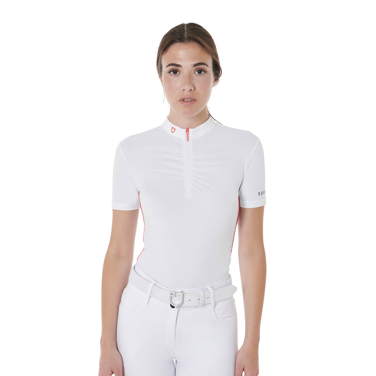 Equestro Women's Slim Fit Training Polo Shirt With Curly Inserts #colour_red-white