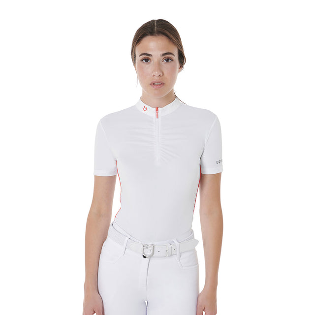 Equestro Women's Slim Fit Training Polo Shirt With Curly Inserts #colour_red-white