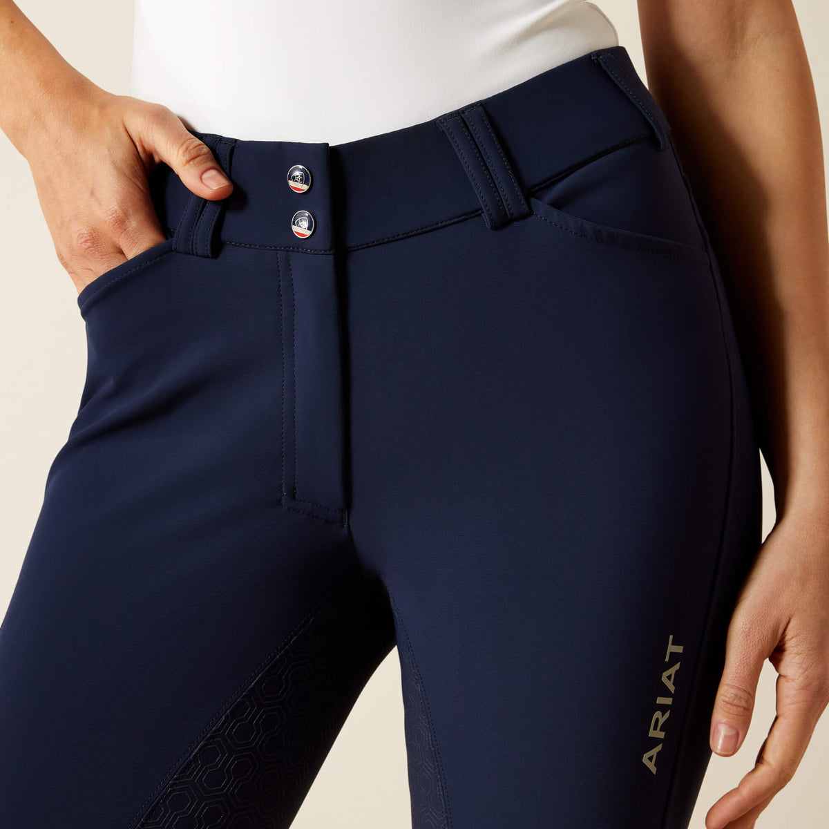 Ariat Women's Tri Factor Grip Full Seat Breech - White - Navy Eclipse
