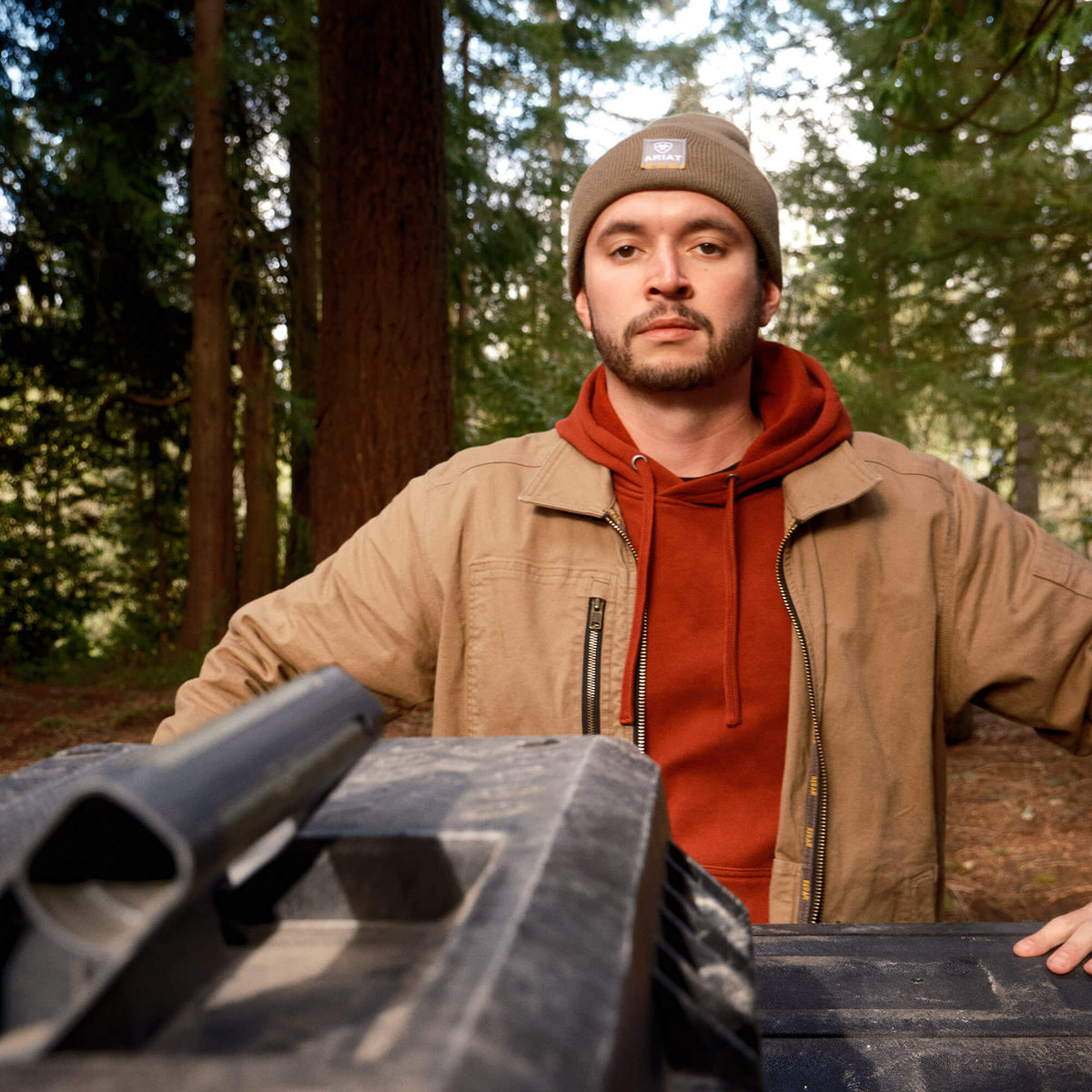 Ariat Men's Rebar Graphic Hoodie - Heather Grey/Deep Ultramarine - Russet Brown/Potter's Clay
