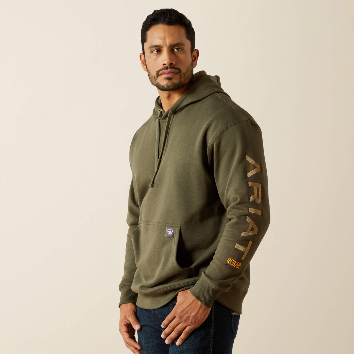 Ariat Men's Rebar Graphic Hoodie - Heather Grey/Deep Ultramarine - Grape Leaf/Dried Herb