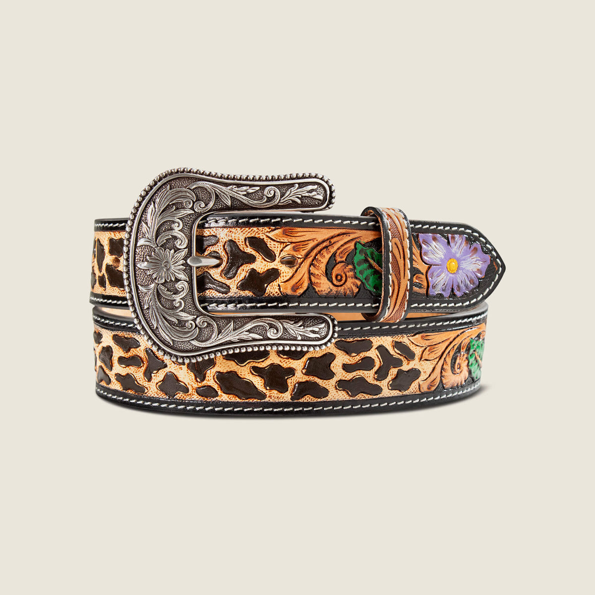 Ariat Women's Hand Tooled Cheetah Print With Painted Flower Belt