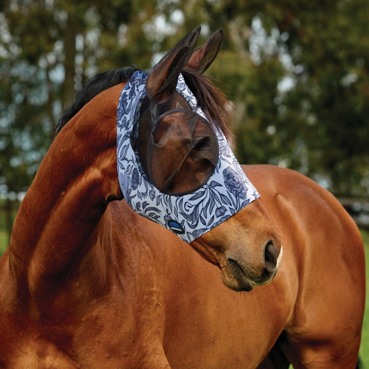 Weatherbeeta Comfitec Deluxe Stretch Fly Mask With Ears #colour_white-navy-floral-print