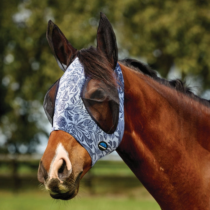 Weatherbeeta Comfitec Deluxe Stretch Fly Mask With Ears #colour_white-navy-floral-print