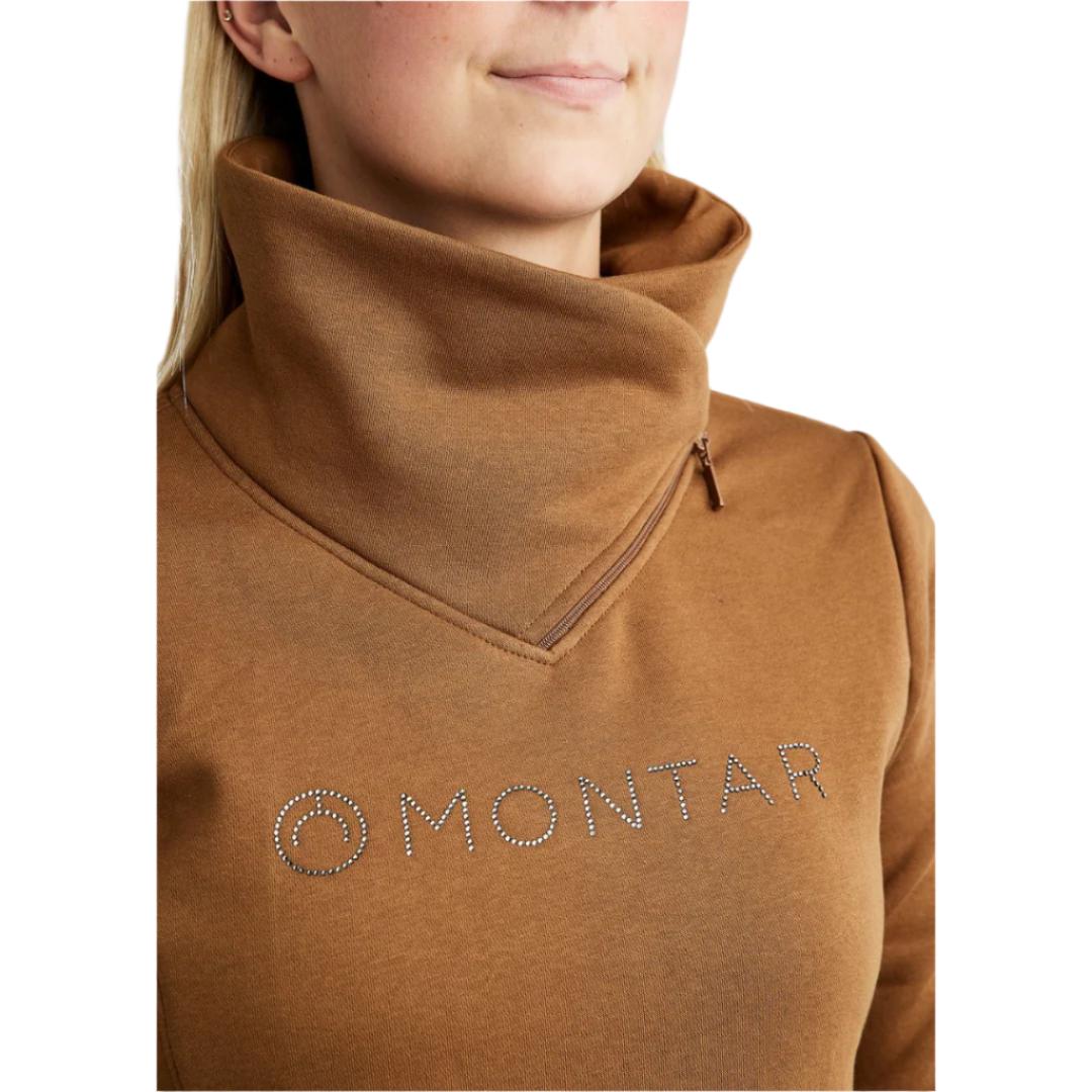 Montar MoNaja High Collar Sweatshirt with Gun Metal Crystal Logo #colour_toffee