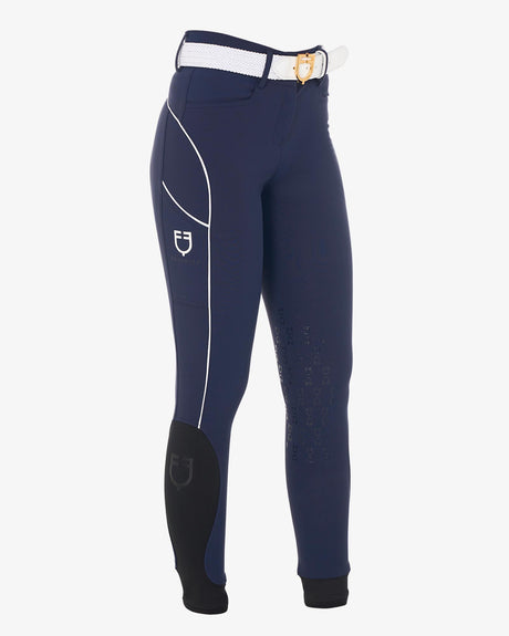 Equestro Women's Slim Fit Breeches With Knee Grip #colour_blue-white