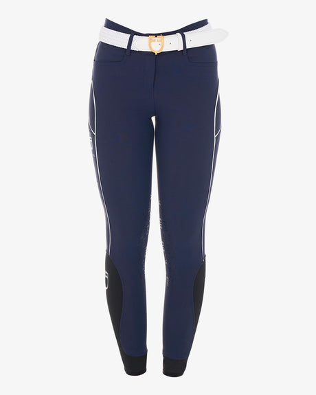 Equestro Women's Slim Fit Breeches With Knee Grip #colour_blue-white