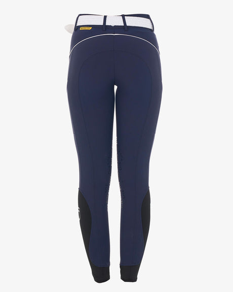 Equestro Women's Slim Fit Breeches With Knee Grip #colour_blue-white
