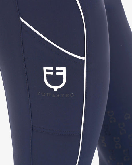 Equestro Women's Slim Fit Breeches With Knee Grip #colour_blue-white