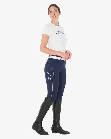Equestro Women's Slim Fit Breeches With Knee Grip #colour_blue-white