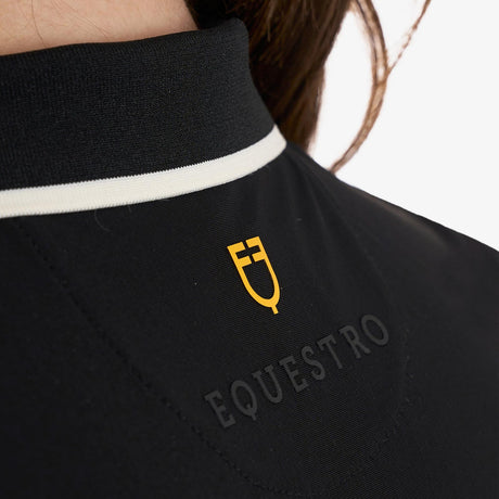 Equestro Women's Slim Fit Training Polo Shirt With Zip And Chest Logo #colour_black-white