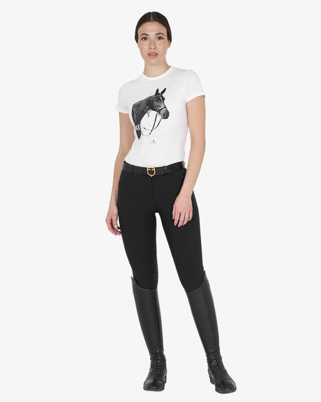 Equestro Women's Slim Fit Cotton T-Shirt Ready To Jump Print With Rhinestones #colour_white