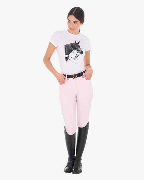 Equestro Women's Slim Fit Cotton T-Shirt Ready To Jump Print With Rhinestones #colour_white