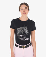 Equestro Women's Slim Fit Cotton T-Shirt Ready To Jump Print With Rhinestones #colour_black