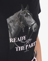 Equestro Women's Slim Fit Cotton T-Shirt Ready To Jump Print With Rhinestones #colour_black