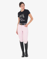 Equestro Women's Slim Fit Cotton T-Shirt Ready To Jump Print With Rhinestones #colour_black