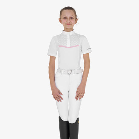 Equestro Girls' Slim Fit Competition Jacket With Chest Perforated Inserts #colour_white-pink