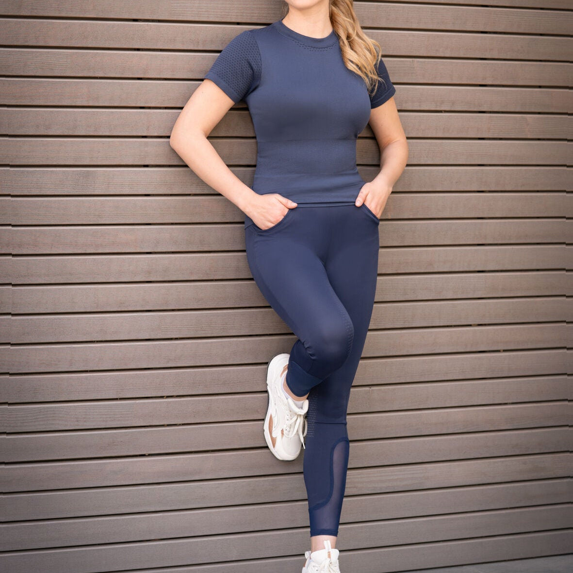 HKM Ladies Silicone Full Seat Riding Leggings -Mesh II- #colour_deep-blue