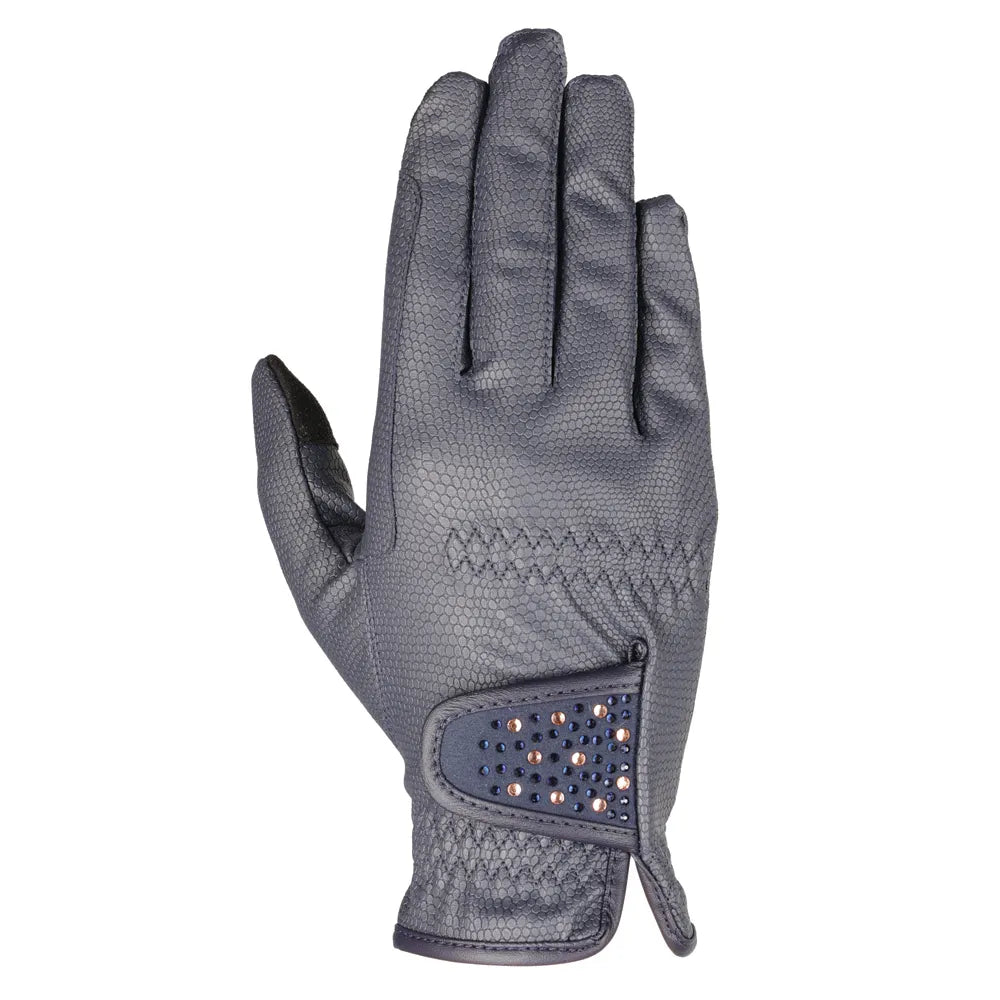 Hy Equestrian Children's Shimmer Riding Gloves #colour_navy-with-navy-rose-gold-diamantes