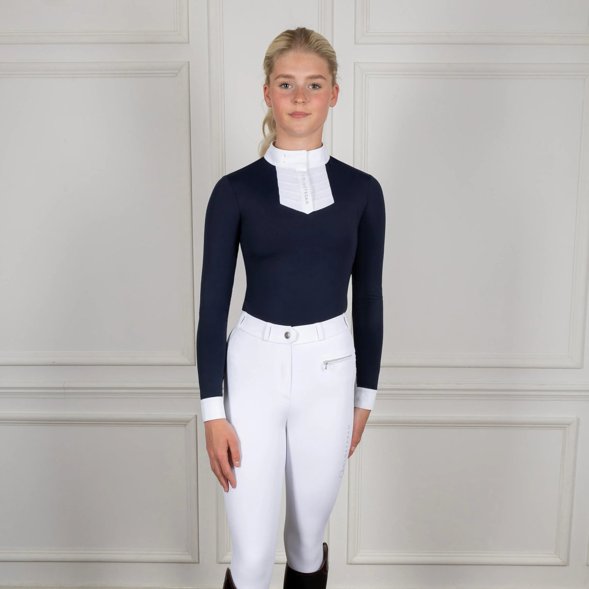 Coldstream Long Sleeve Roslin Ruffled Crystal Show Shirt #colour_navy